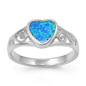 Sterling Silver Ring in Lab Opal   Heart   Ring Face Height 8mm, Size 