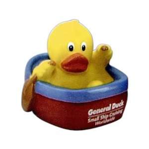 Duck sitting in boat holding oar. 
