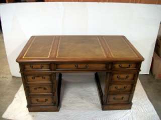   STIEHL BROWN FURNITURE DESK ~LEATHER TOP ~ 9 DRAWERS ~ NEW YORK  