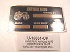 Universal Antique Auto Owners Data Plate