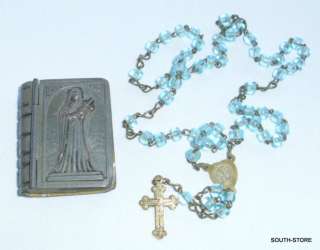 ANTIQUE ST THERESE BOOK RELIQUARY CZECH BOX w/ TURQUOISE ROSARY 