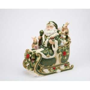  Santa Claus Riding Green Sled with Rabbits Cookie Jar 