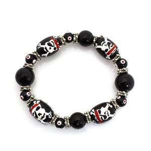 Pirate Theme Bracelet ; Silver Metal with Black beads; Pirate Skull 