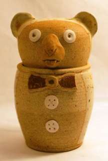 Stoneware Art Pottery Teddy Bear Jar Container Signed  