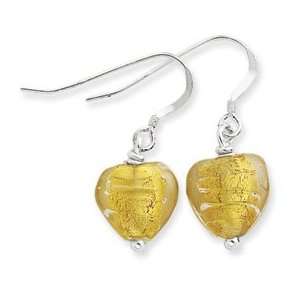  Sterling Silver Yellow Murano Glass Heart Earrings 