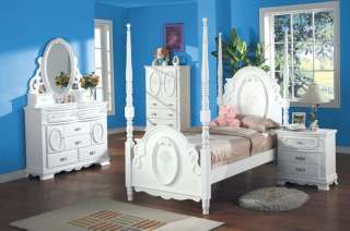 White Finish Twin Size Post Bed With Nightstand  