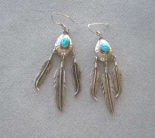 Navajo signed silver earrings w/ 3 feathers, turquoise  