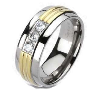   IP Gold Grooved Center Triple CZ Couple Rings Bands R101 Jewelry