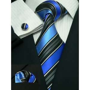 Landisun 69H Black Blue Stripes Mens Silk Tie Set Tie+Hanky+Cufflinks 