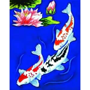  Three Colorful Koi on Lily Pond 11x14x0.25 inches Ceramic 