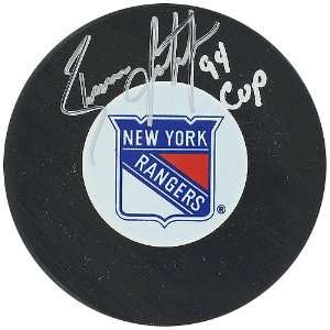  Signed Brian Leetch Hockey Puck   with 94 SC Champs 