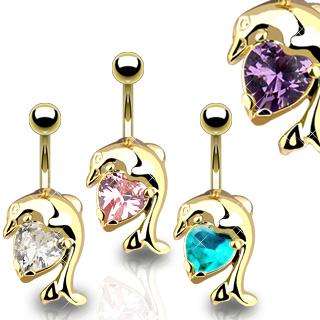 GOLD PLATED DOLPHIN HEART BELLY NAVEL RING GEM CZ CRYSTAL BUTTON 