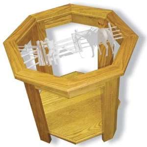  Oak Glass Top End Table With Cowboy and Horse Etched Glass 