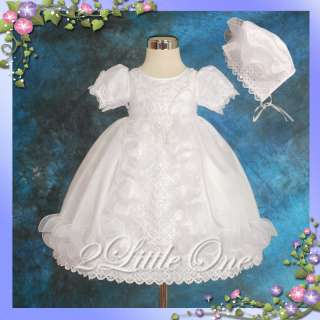 White Baby Flower Girl Christening Gown Bonnet Sz 3m 6m  