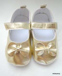 Baby girl shiny light gold Mary Jane Shoes w/bow 6 12M  