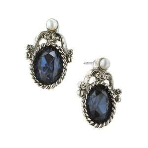  Bellissimo Silver Antiqued Blue Crystal Stud Earrings 
