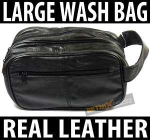 Mens Large Soft Black Leather Toiletry Travel Wash Bag  