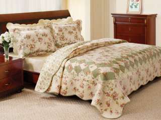 NEW Beatrice Ivory Sage Pink Roses T Coverlet Set Cotton  