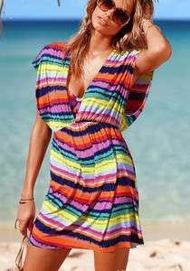 Women Sexy Beach summer dress sleeveless v neck Colored stripes *053 