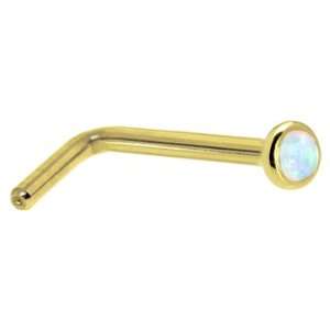   Yellow Gold 2mm Synthetic Opal L Shaped Nose Ring   18 Gauge Jewelry