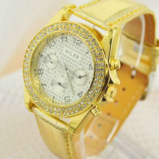Golden Leather Band Manmade Crystal Diamond Quartz Women Wristwatch 