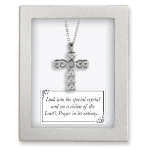  Silver tone 18in Lords Prayer Crystal Cross Necklace 