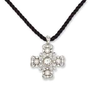  Silver Tone Crystal Cross On 16 W/Ext Cord Necklace 