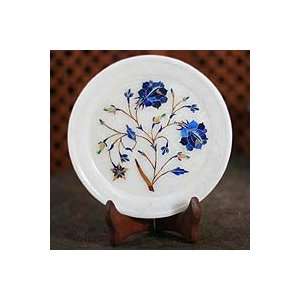  NOVICA Marble inlay plate, Blue Roses
