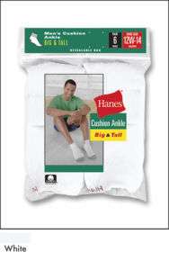 Hanes Big and Tall Ankle Socks 6 pk 145/6 00038257529678  