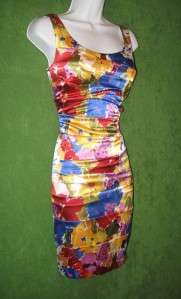 BISOU Yellow Red Blue Multi Satin Pleated Versatile Cocktail Work 
