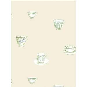  Decorative Teacups Green and White Wallpaper in Kitchen 