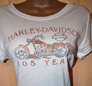 White short sleeved top with a bling motorcycle and the words 105 