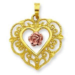  14k Two Tone Lace Trim And Pink Rose Center Heart Pendant 