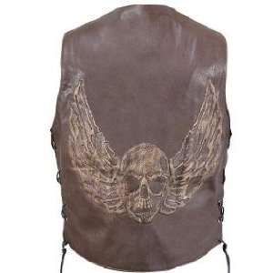   Brown Distressed Leather Biker Vest with Flying Skull Graphics Sz 3XL