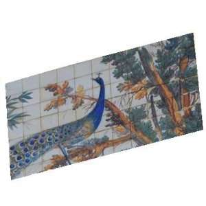 Hand Painted Art Tile  Peacock on a Tree Wall Mural 77 Hand Decorated 