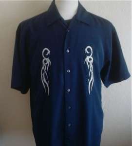 Navy Embroidered Tribal Lounge Hipster Bowling shirt M  