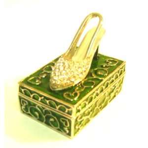 Silver High heel Shoe on Green Box   Jewelry Trinket Box 