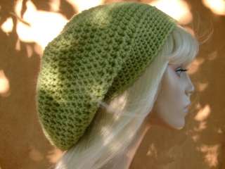 Sweet Pea Green Beanie TAM Hat Slouchy Crochet hippie L  