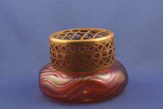   Loetz Glass Company Red Iridescent Swirl Vase Brass Frog c.1930  