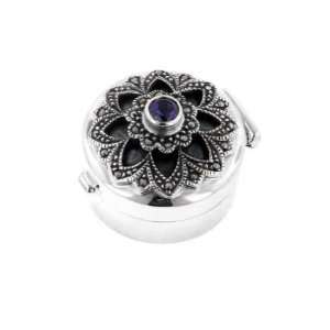   Marcasite and Amethyst Flower Pill Box Sterling Silver Jewelry