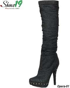 BLK Denim Sz 10 Platform Studs Knee Stiletto High Heel Women Dress 
