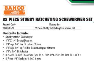 BAHCO 22 PIECE STUBBY RATCHETING SCREWDRIVER SET IN TRAVEL CASE 