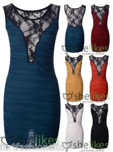 Womens Long Dress Pleated Bodycon Stretch Lace Mini Party Vest Top 