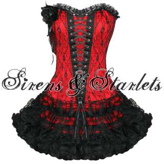 LADIES WOMENS NEW RED GOTHIC EMO BURLESQUE CORSET LACE PROM PARTY MINI 