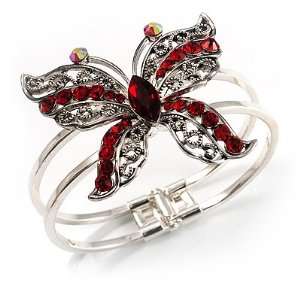  Stunning Crystal Butterfly Hinged Bangle Bracelet (Silver&Hot 