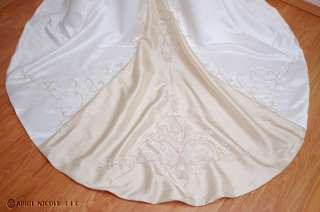   549 Ivory Satin w/ Taupe Taffeta Beaded Wedding Dress NWOT  