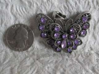 Butterfly Pendant Silver Metal w/ Purple Stones Glass  
