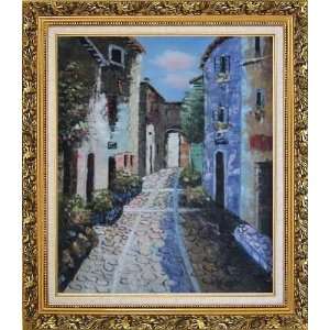  Narrow Cobbled Street Oil Painting, with Ornate Antique 
