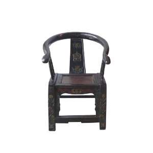    Chinese Black Rustic Lacquer Floral Armchair As1714