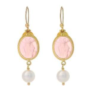   Pink Venetian Cameo and Freshwater Cultured Pearl Earrings Jewelry